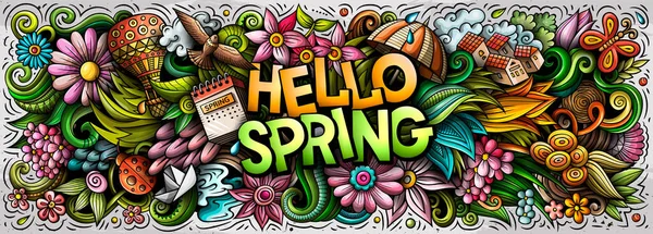 Hola Primavera dibujado a mano dibujos animados garabatos ilustración. Banner de trama colorido —  Fotos de Stock