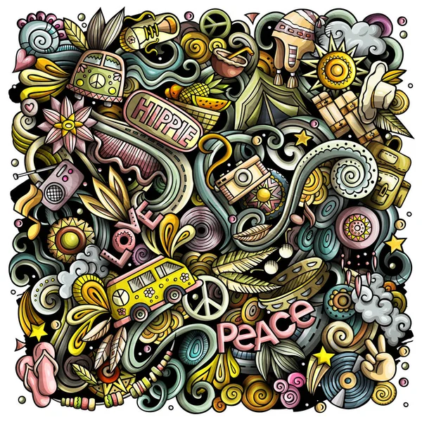 Illustrazione di scarabocchi di raster disegnati a mano hippie. Design poster hippy. — Foto Stock