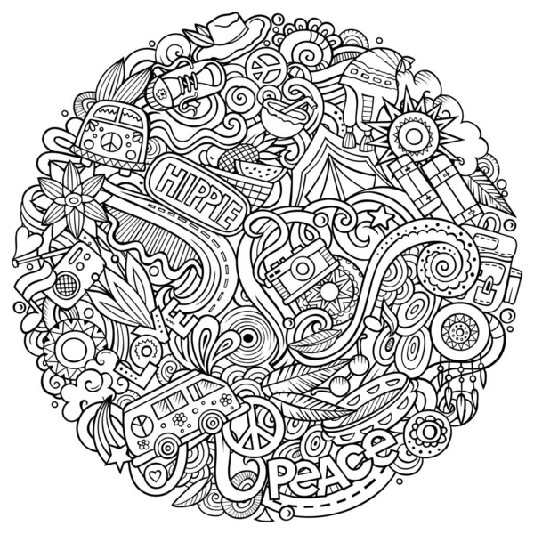 Hippie mão desenhada rabiscos raster ilustração redonda. Design de cartaz Hippy . — Fotografia de Stock