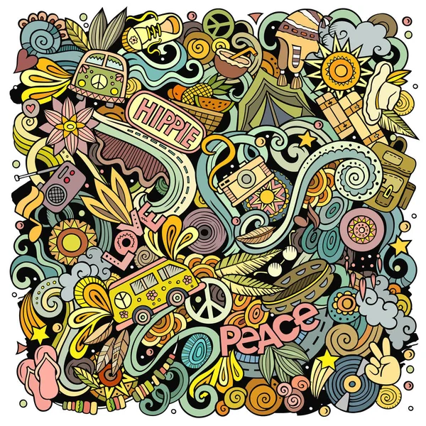 Illustrazione di scarabocchi di raster disegnati a mano hippie. Design poster hippy. — Foto Stock