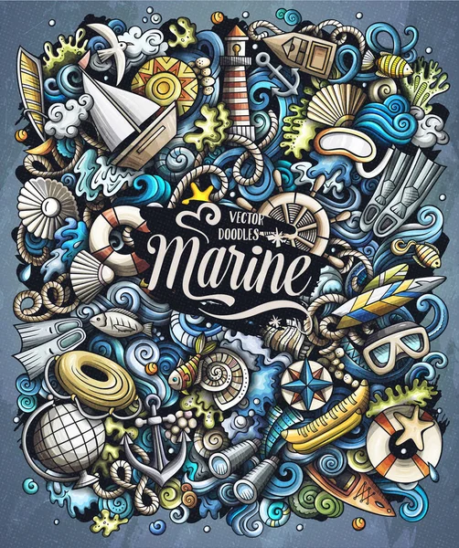 Marine ręcznie rysowane rastrowe bazgroły ilustracji. Kolor śmieszny obraz. — Zdjęcie stockowe