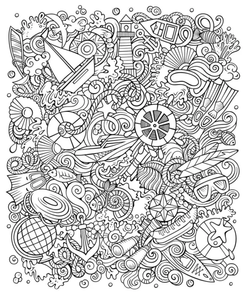 Illustrazione di scarabocchi di raster disegnati a mano marina. Colore immagine divertente . — Foto Stock