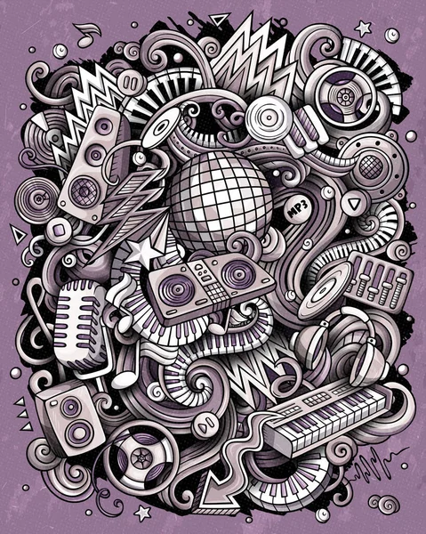 Tecknad raster doodles Disco musik illustration. Tonad musikalisk rolig bild — Stockfoto