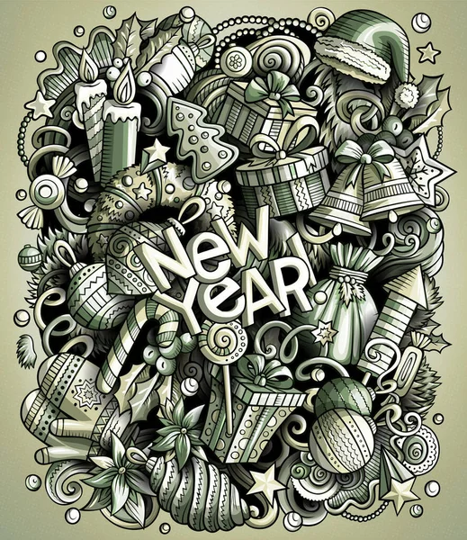 Desenhos animados raster doodles Ano Novo ilustração. Natal imagem engraçada — Fotografia de Stock