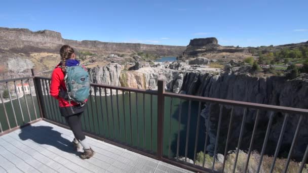Shoshone Falls Girl taking pictures with her smartphone — Stock Video