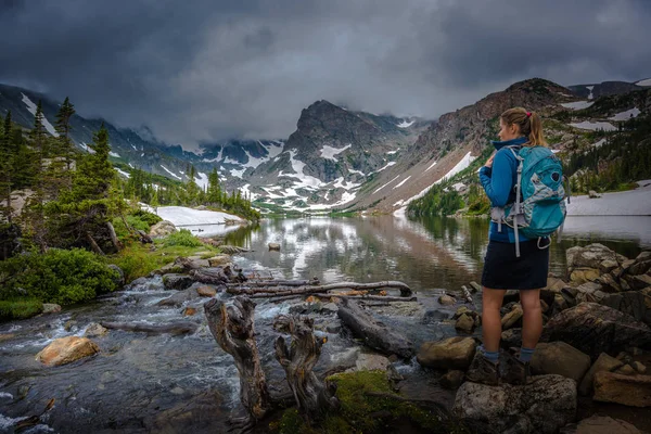 Hiker looks at Lake Isabelle Brainard Lake Recreation Area