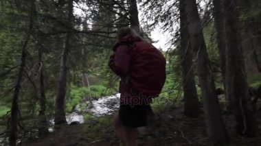 Göl Isabelle yakınındaki basamaklı creek Colorado kız Backpacker hiking bakar 