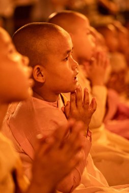 Yangon, Myanmar. 22 Aralık 2018: Shwedagon Pagoda 'da şarkı söyleyen ve dua eden kimliği belirsiz genç rahiplere yakın çekim.