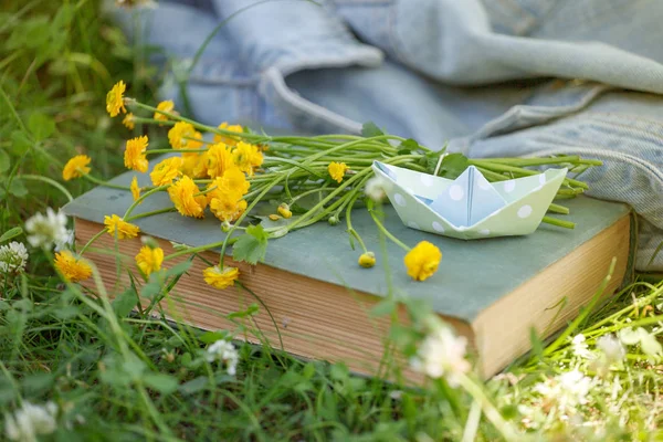 Old book, paper boat and yellow flower bouquet on a green grass