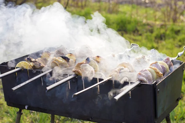 串に刺さった肉はグリルで調理され — ストック写真