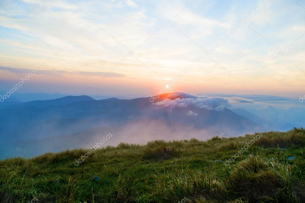 sunset in the mountains, beautiful Ukrainian landscapes, vacation, traveling, trekking in the wild, solitude