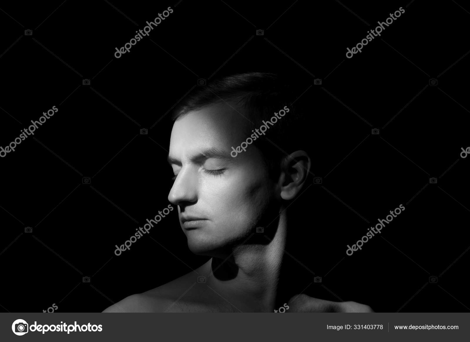 Black White Dramatic Portrait Guy Close Black Background One Light