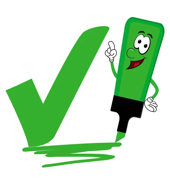 Lápiz iluminador de dibujos animados verde con garrapata en negrita o marca de verificación . — Vector de stock