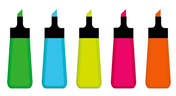 Farbenfroher Satz von fünf Textmarker-Stiften: grün; blau; gelb; rosa — Stockvektor
