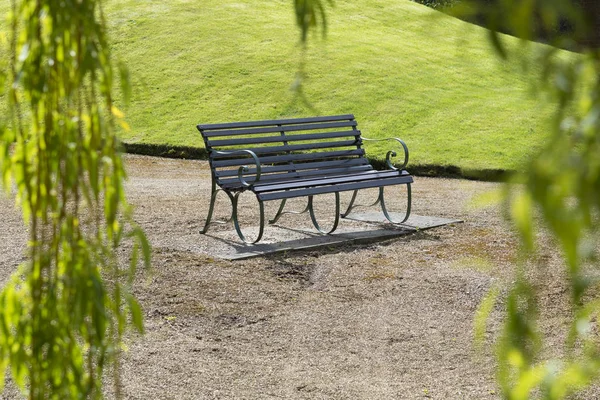 Banco de jardín solitario visto a través de ramas de sauce utilizado como un fr — Foto de Stock