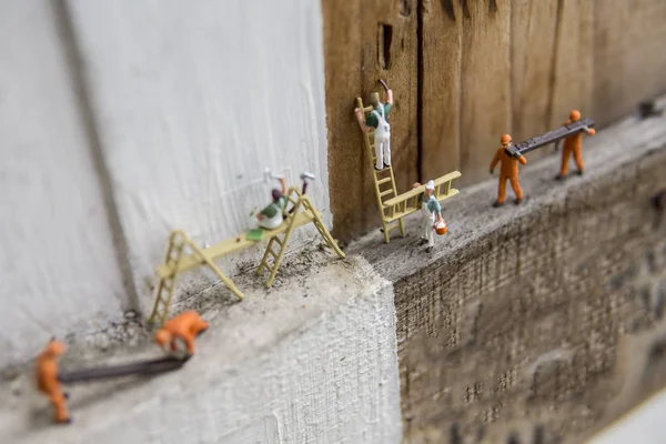 Figuras Miniatura Trabalhando Indústria Fechar Conceito Trabalhadores Construção Pintura Com — Fotografia de Stock