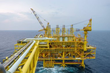 Kıyıda petrol ve gaz endüstrisi. Petrol ve gaz platformunda, boru hatları ve vanaları olan gün ışığı tesisi..      