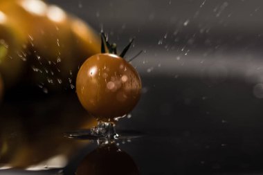  Siyah zemin üzerine sarı domates, su damlası, ayna