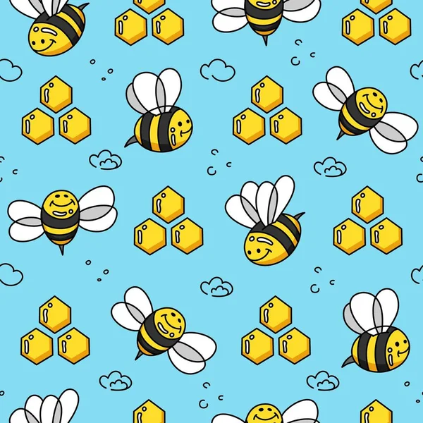 Bees cartoon pattern seamless vector flat background — Stock Vector
