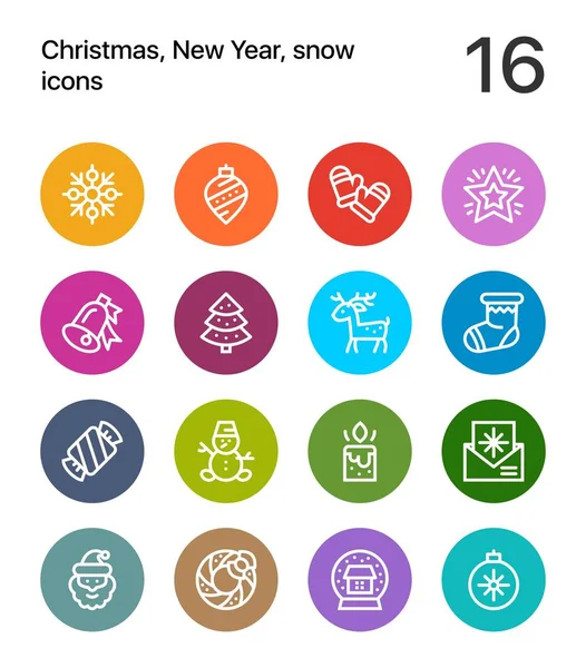 Kleurrijke prettige kerstdagen en gelukkig Nieuwjaar iconen voor web en mobiele design pack 3 — Stockvector