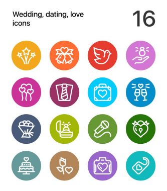 Dating, renkli düğün, web ve mobil tasarım aşk ikonları paketi 3