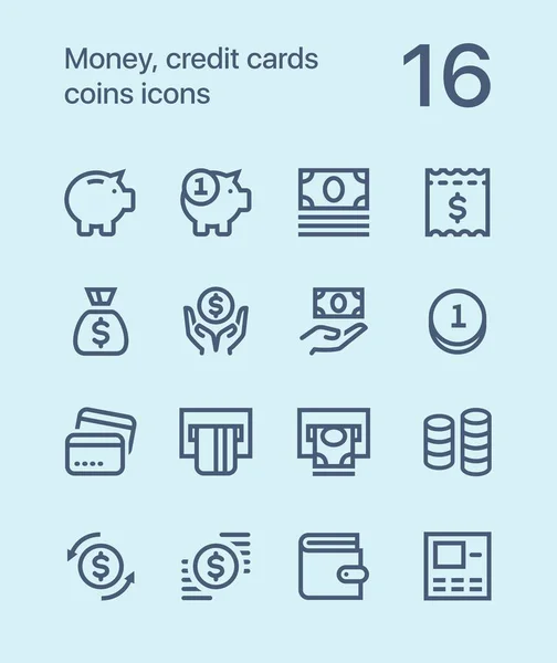 Esquema Dinero, tarjetas de crédito, monedas, vectores de billetera iconos de línea plana para aplicaciones web y móviles — Archivo Imágenes Vectoriales