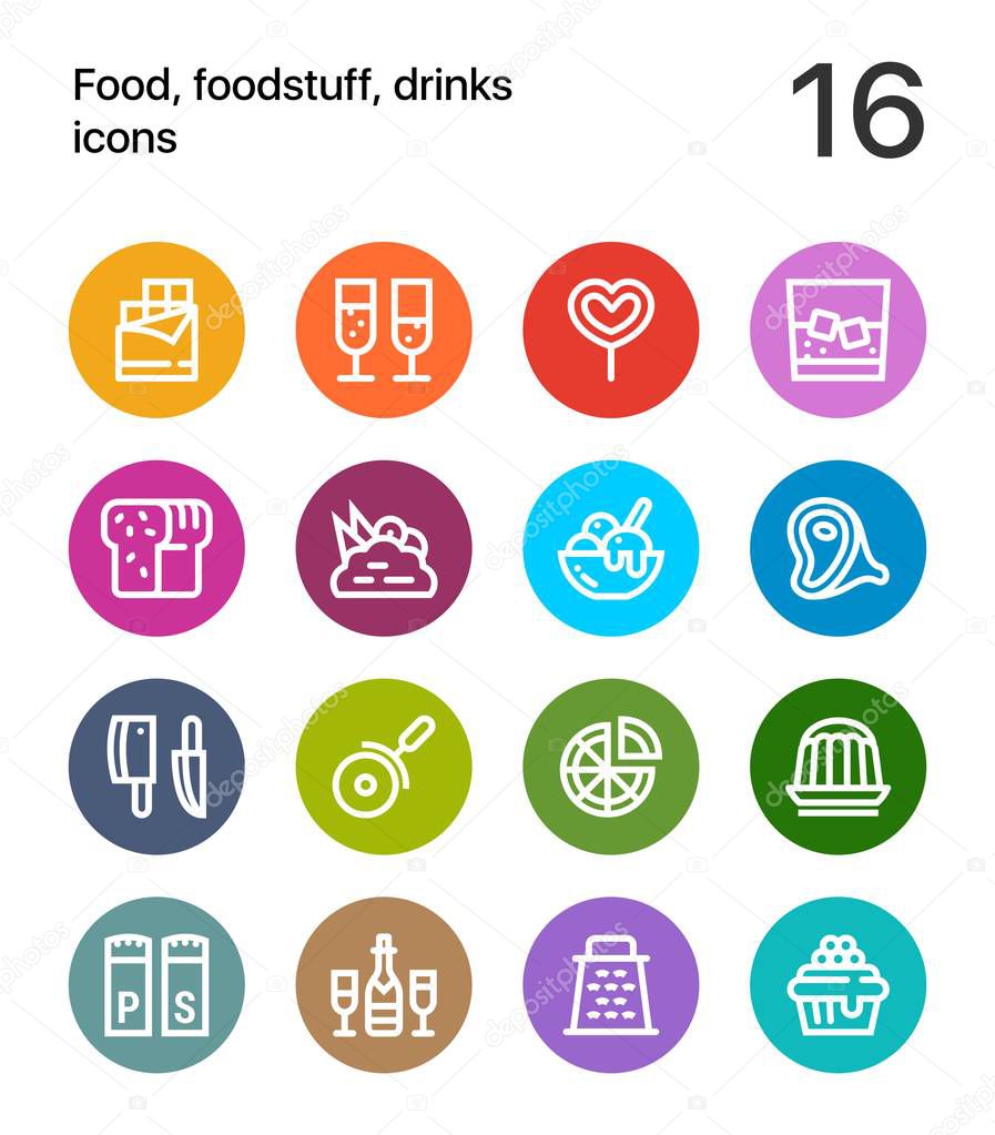 Colorful Food, foodstuff, drinks icons for web and mobile design pack 3