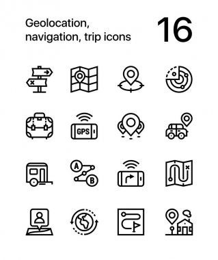 Geolocation, gezinti, gezi simgeler web ve mobil tasarım için pack 2