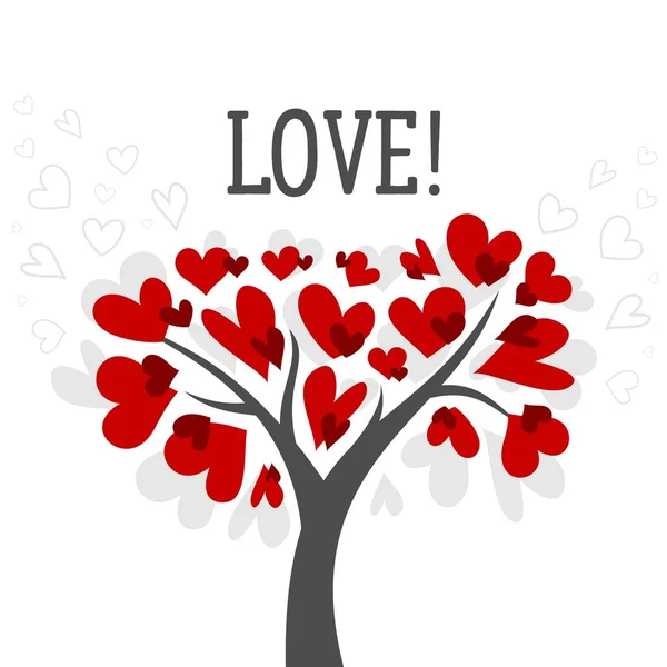 Love and Valentines carte de jour avec arbre d'amour et rouge coeur vecteur fond affiche — Image vectorielle