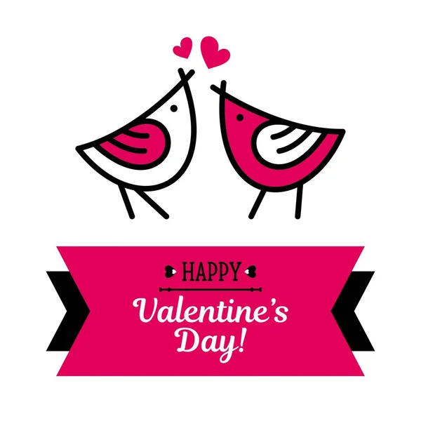 Tarjeta feliz día de San Valentín con aves y patrón de fondo de vector de corazón rosa en blanco — Vector de stock