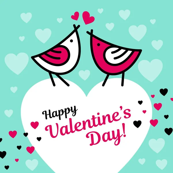 Feliz día de San Valentín tarjeta con aves y vector patrón de fondo corazón colorido — Vector de stock