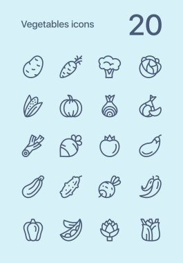 Sebze ve vejeteryan yiyecek anahat düz vektör simgesi web ve mobil tasarım için ayarla
