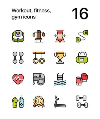 Egzersiz, fitness, renkli spor salonu simgeler web ve mobil tasarım için pack 2