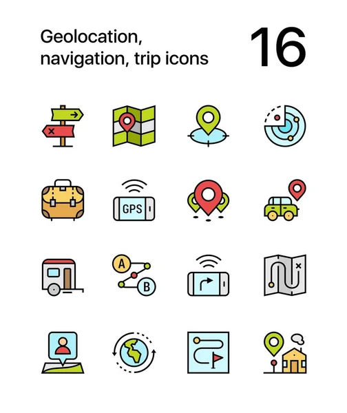 Geolocalización de colores, navegación, iconos de viaje para el paquete de diseño web y móvil 2 — Vector de stock