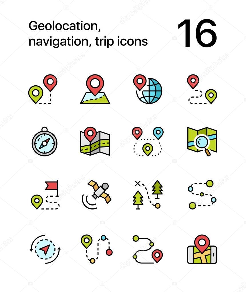 Colored Geolocation, navigation, trip icons for web and mobile design pack 1