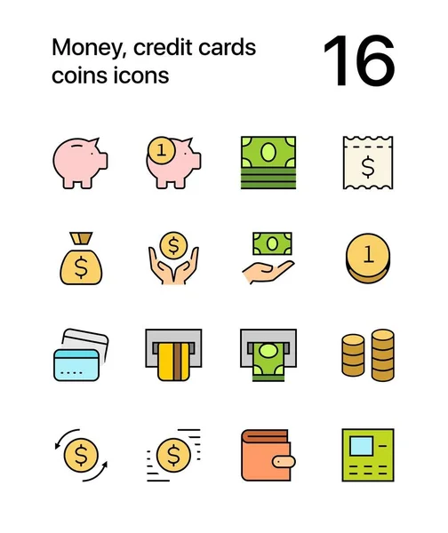 Dinero de colores, tarjetas de crédito, monedas iconos para la web y el paquete de diseño móvil 1 — Archivo Imágenes Vectoriales