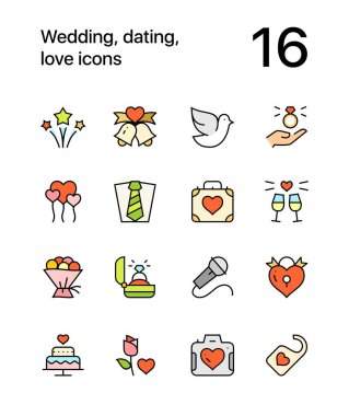 Dating, evlilik, renkli web ve mobil tasarım aşk ikonları paketi 3