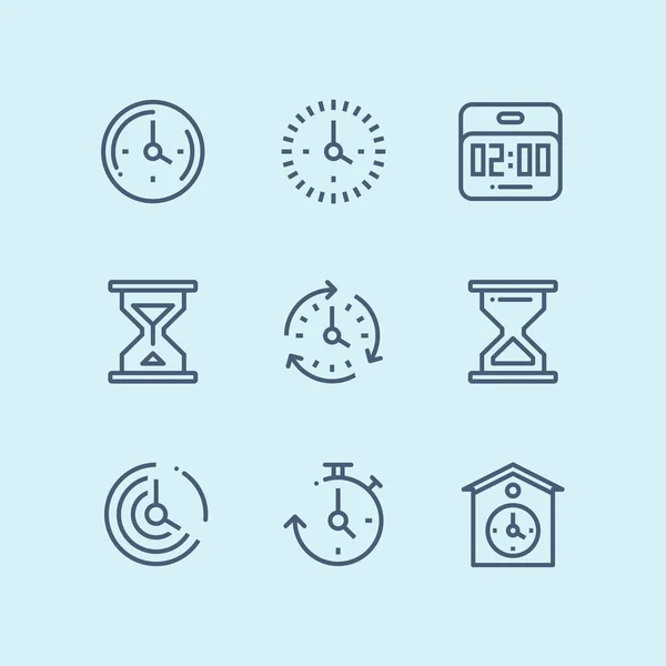 Azul Conjunto de tiempo, reloj, reloj, temporizador vector iconos contorno simple para la web y el paquete de diseño móvil 2 — Archivo Imágenes Vectoriales