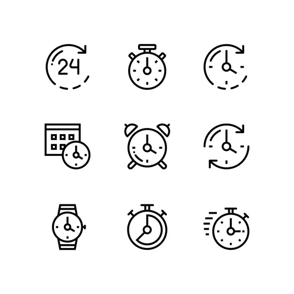 Set di tempo, orologio, orologio, timer vettoriale semplici icone di contorno per web e mobile design pack 1 — Vettoriale Stock