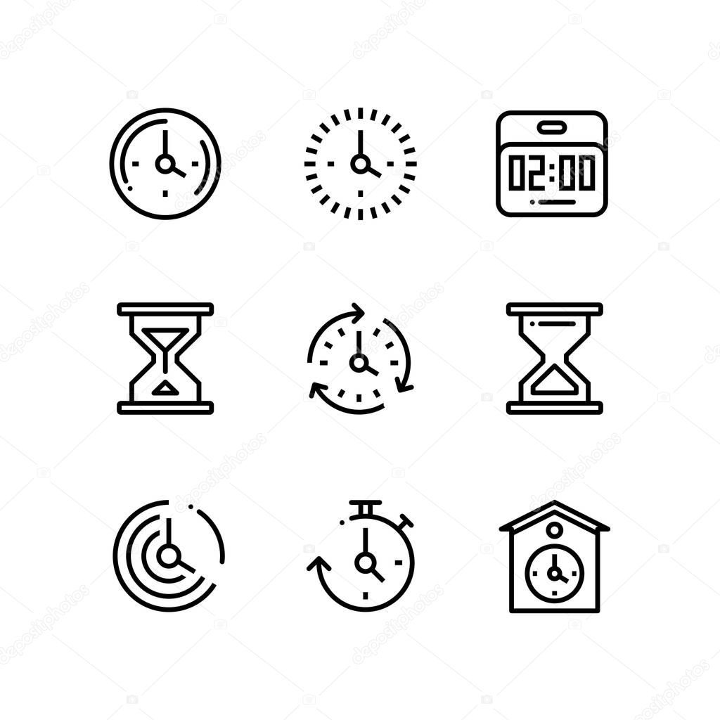 Set of time, clock, watch, timer vector simple outline icons for web and mobile design pack 2