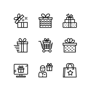 Hediye, hediye, web ve mobil tasarım sürpriz vektör basit anahat simgelerini pack 2