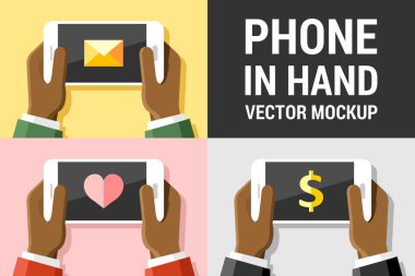 Vektör telefon mockup renkli resimde arka plan üzerinde insan elinde küme2