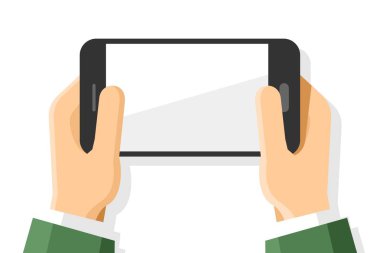 İnsan yatay olarak vektör mockup illüstrasyon modern siyah smartphone aygıt izole arka planda tutan eller