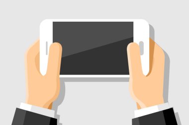 İnsan yatay olarak vektör mockup illüstrasyon modern beyaz smartphone aygıt izole arka planda tutan eller