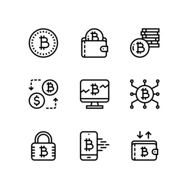 Cryptocurrency, blockchain, bitcoin araştırma, dijital para vektör basit simgeler web ve mobil tasarım için pack 1