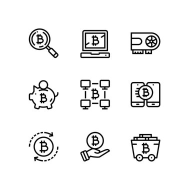 Cryptocurrency, blockchain, bitcoin araştırma, dijital para vektör basit simgeler web ve mobil tasarım için pack 2