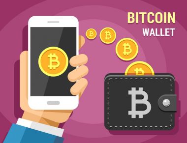 Vektör cryptocurrency bitcoin ve mobil bankacılık renkli düz resimde. Hareket eden telefon cüzdan altın bitcoins gönderme tutan el