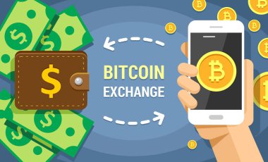 Cryptocurrency bitcoin Doları nakit alışverişi, renkli düz vektör çizim. Hareket eden telefon içine belgili tanımlık cüzdan ve geri aktarma bitcoins ile insan eli tarafından holded