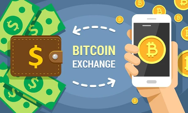 Cryptocurrency bitcoin Doları nakit alışverişi, renkli düz vektör çizim. Hareket eden telefon içine belgili tanımlık cüzdan ve geri aktarma bitcoins ile insan eli tarafından holded
