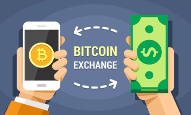 El tutma cep telefonu bitcoins ve nakit vektör düz ile illüstrasyon renkli. Bitcoin ve sağ arka Doları döviz